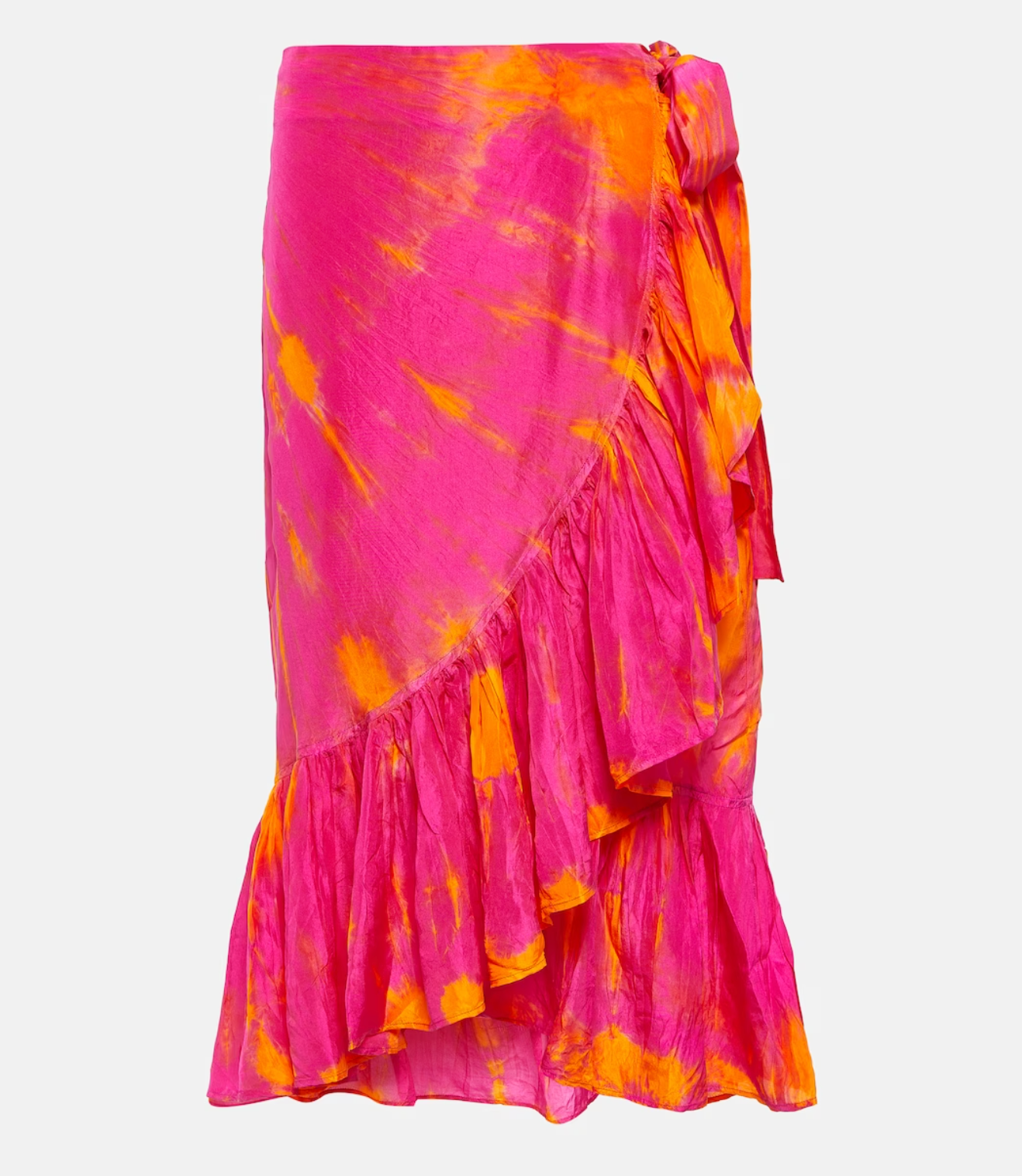 AKSWS104 Magenta Tangerine Silk Tie Dye Rio Midi Wrap Skirt