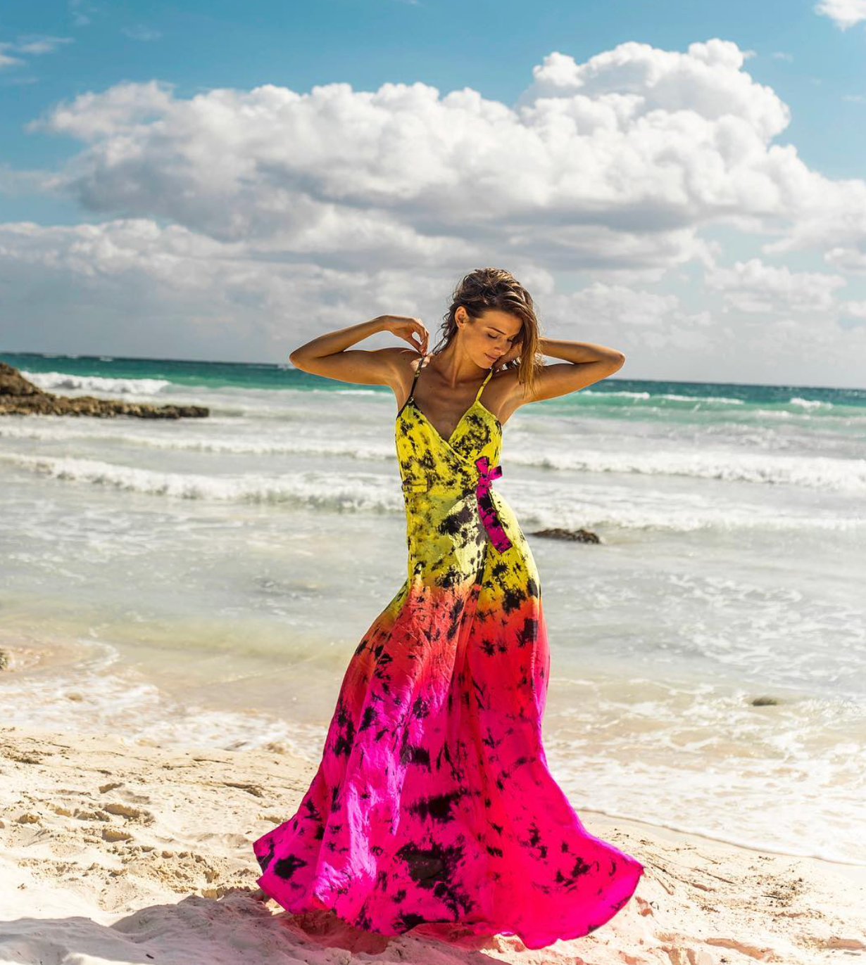 AKSWD3 Astral Neon Silk Tie Dye Slip  Wrap Midi Dress