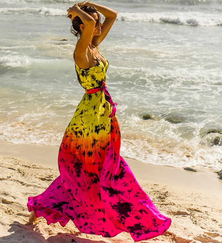 AKSWD3 Astral Neon Silk Tie Dye Slip  Wrap Midi Dress