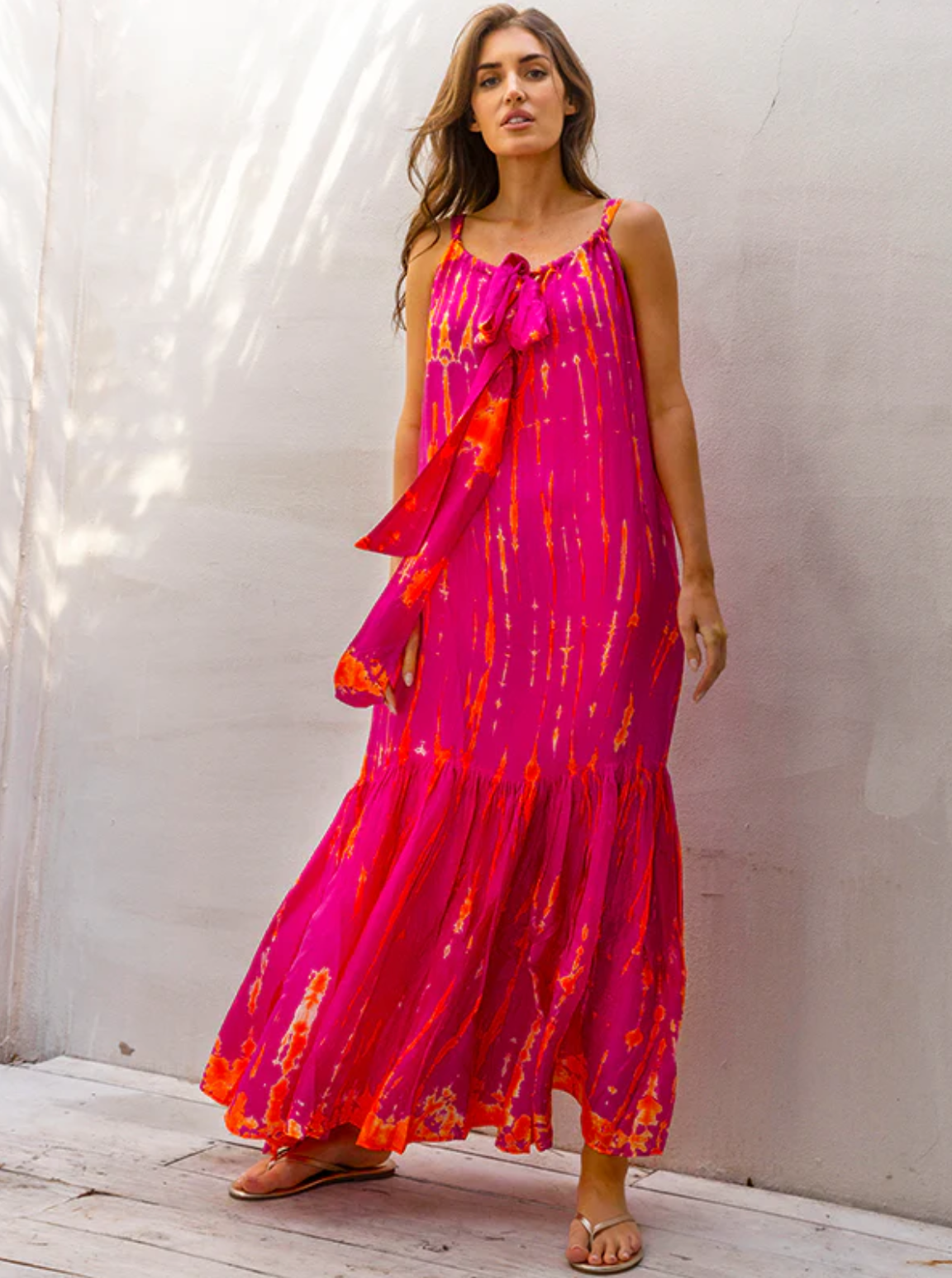 AKSD100 Magenta Tangerine Silk Tie Dye Sash Maxi Dress