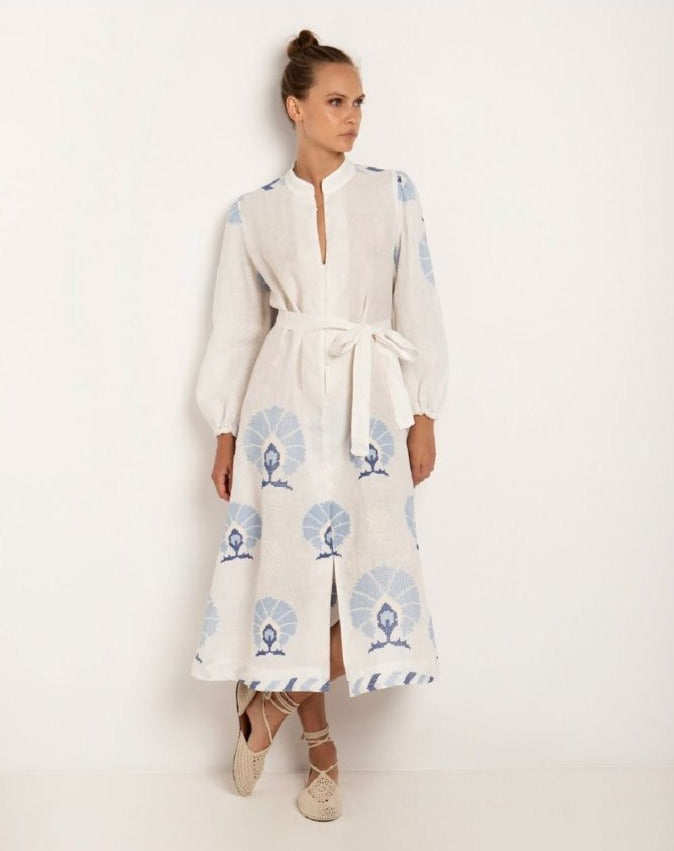 Belted Long Peacock Dress White Blue 230063 Mita Mita Store