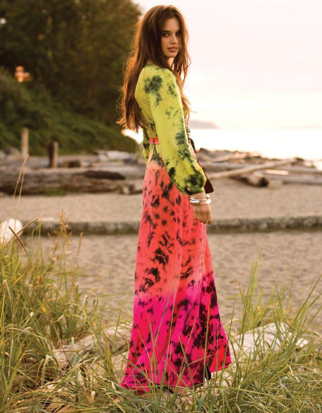 AKSWD1 Silk Long Sleeve Wrap Dress - Astral Neon