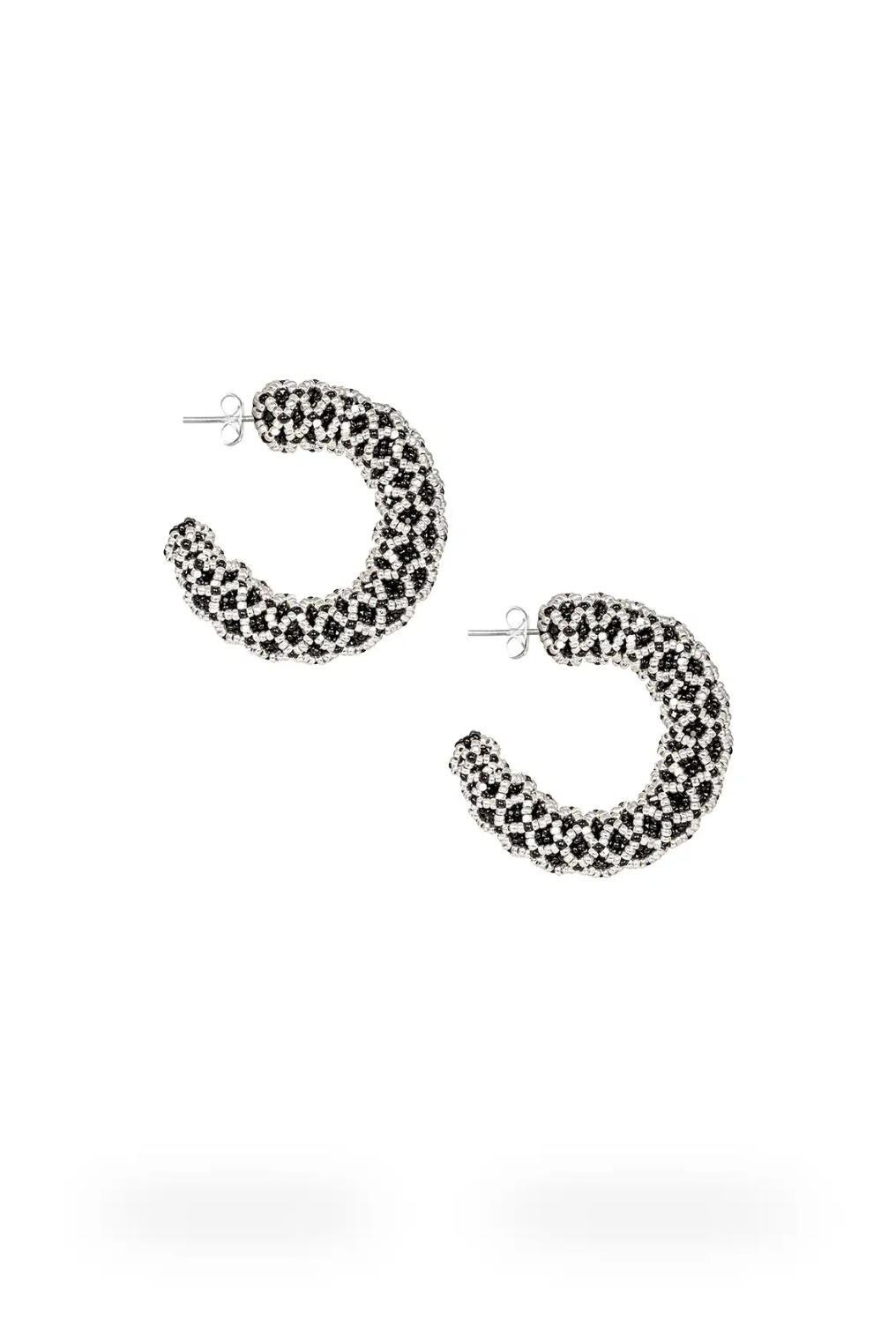 Small Open Weave Hoop Earrings Silver Black