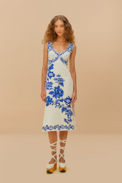 Wavy Cascade Blue Floral Midi Dress