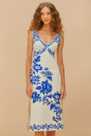 Wavy Cascade Blue Floral Midi Dress