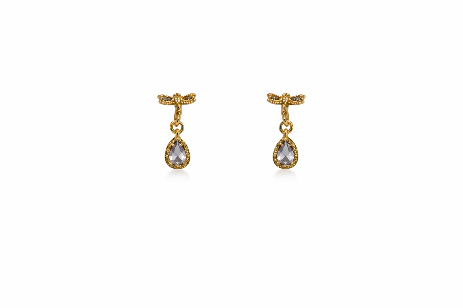 Gold Dragonfly Earrings With Mini Lilac Drop