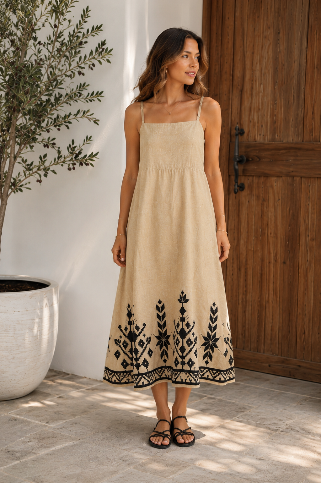 S26K-2043211 Beige Black Dress Maxi Straps