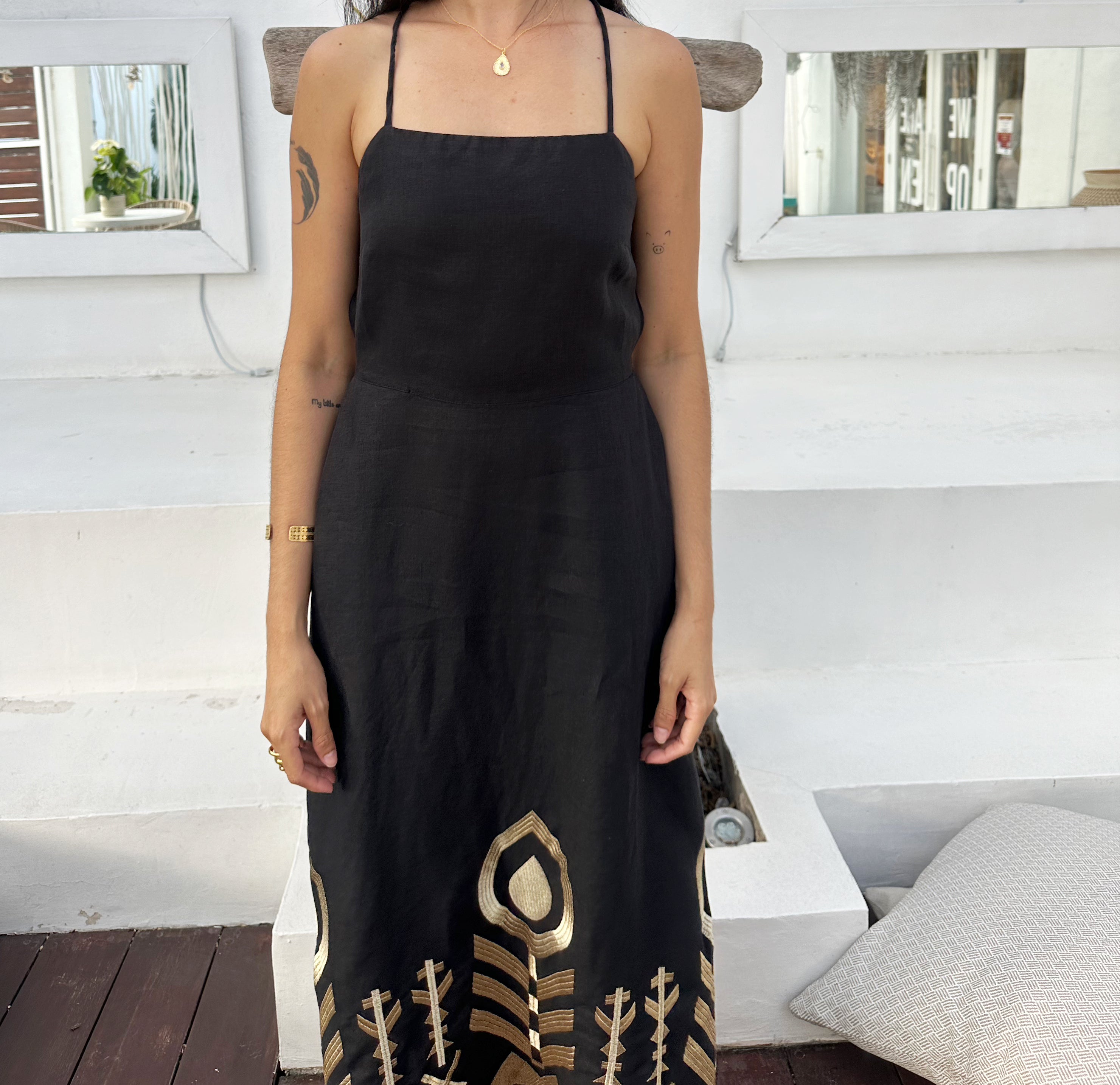 2133129 Black Gold Feather Long Dress