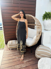 2133129 Black Gold Feather Long Dress