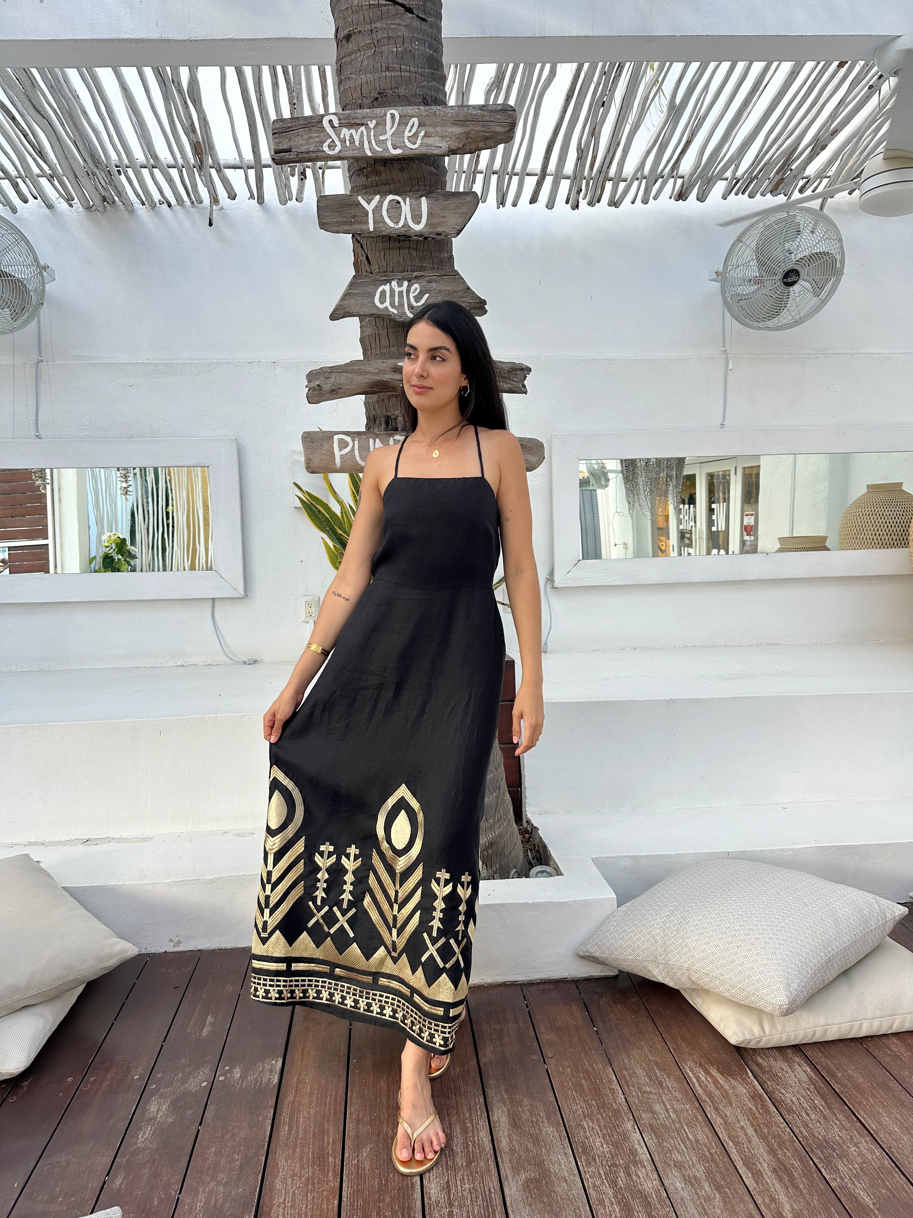 2133129 Black Gold Feather Long Dress