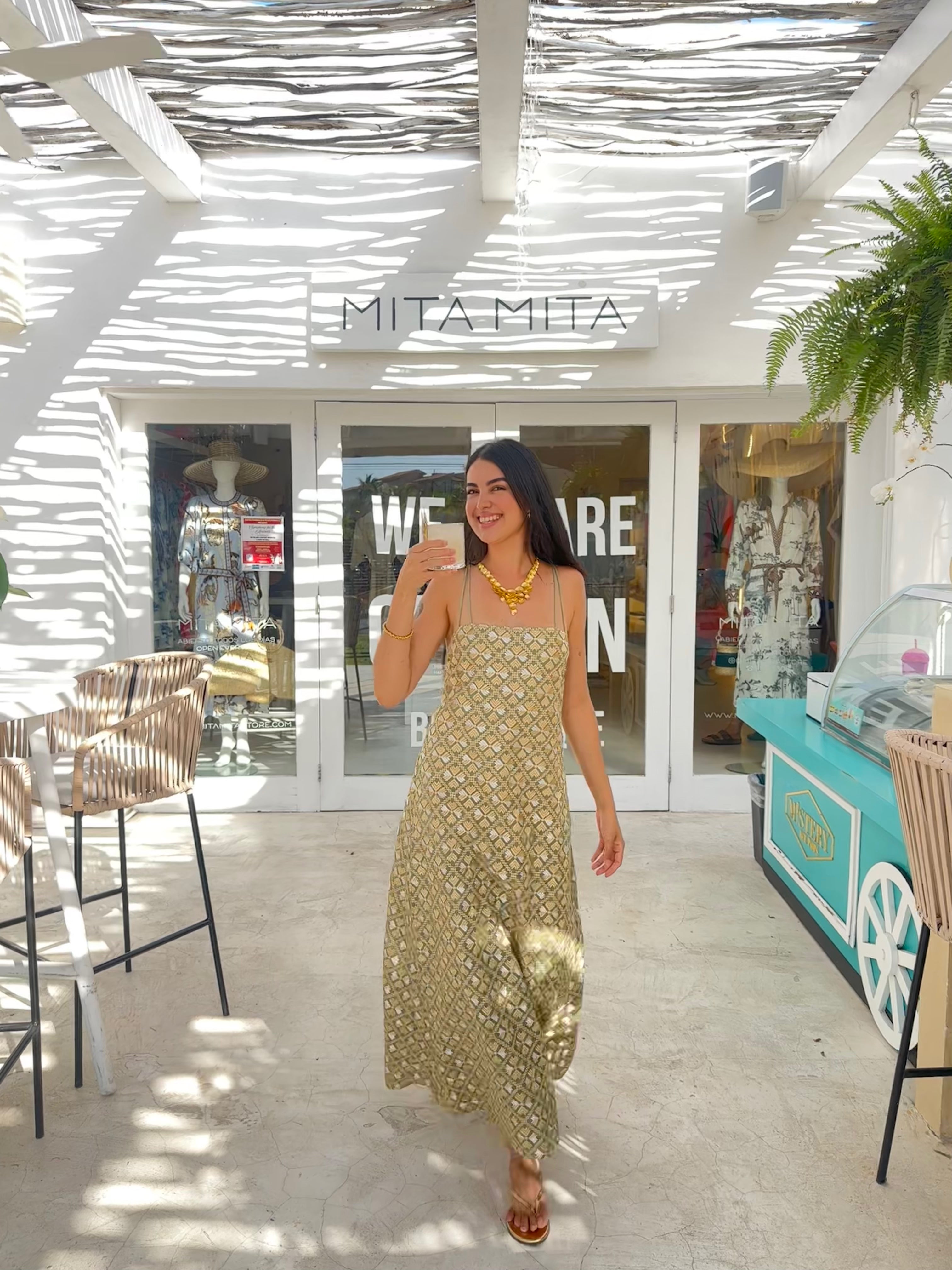 4063132 Sage Gold Maxi Flakes Dress Double Straps