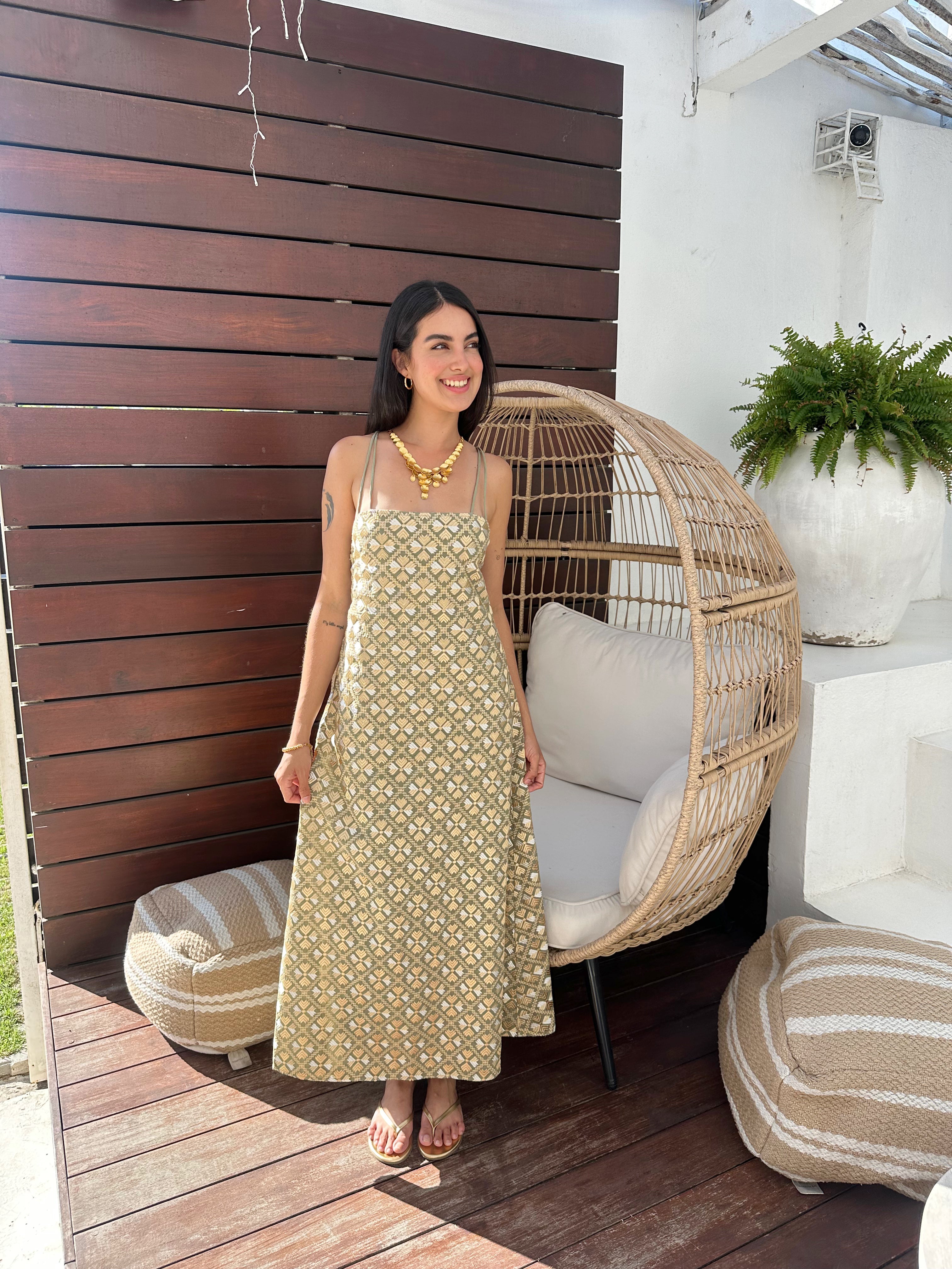 4063132 Sage Gold Maxi Flakes Dress Double Straps