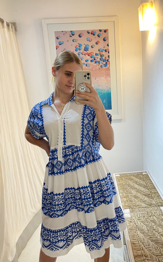 Cyclades Short Collared Dress White/Blue 330572