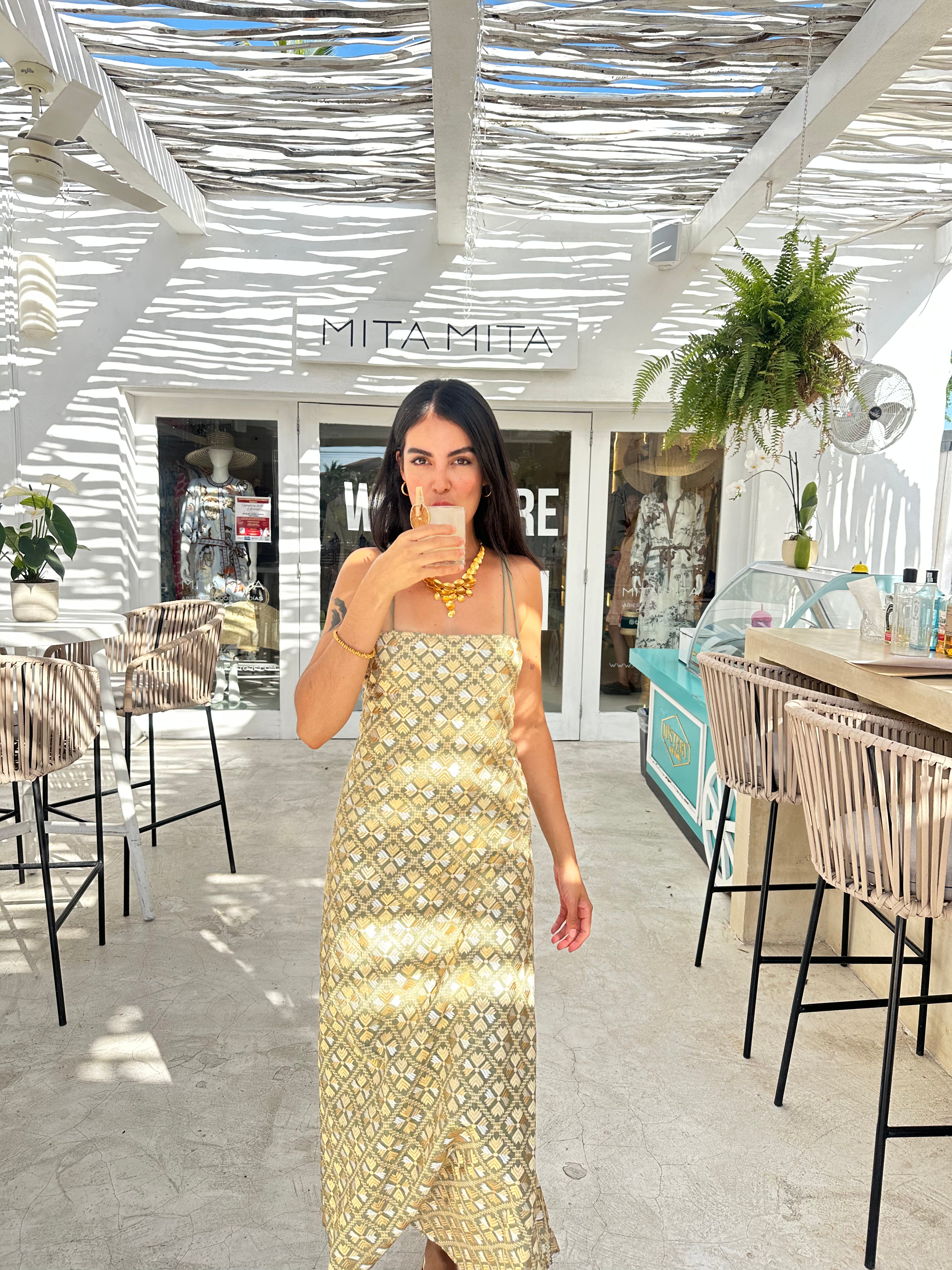 4063132 Sage Gold Maxi Flakes Dress Double Straps