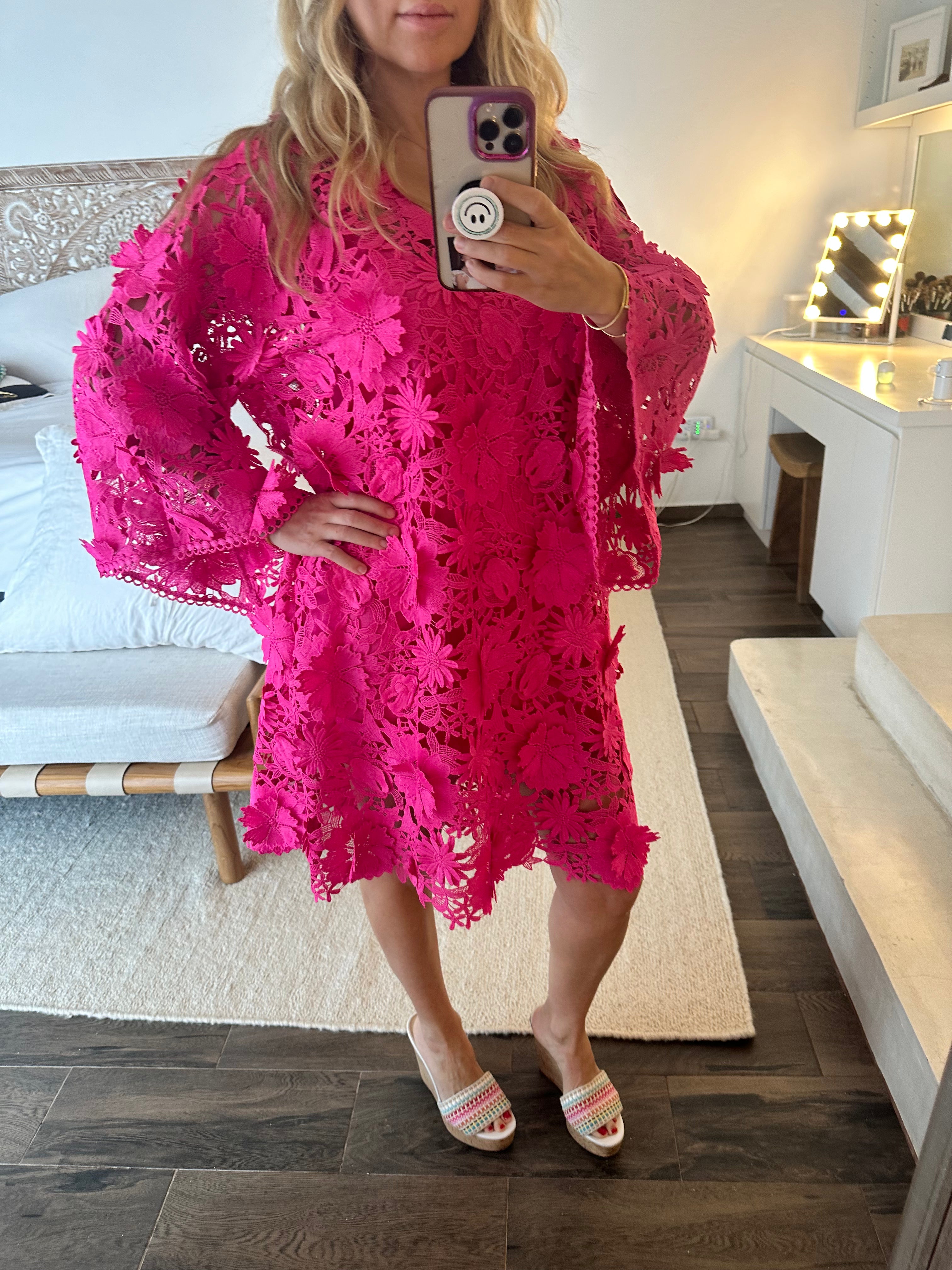 Ital Hot Pink Guipiure Caftan