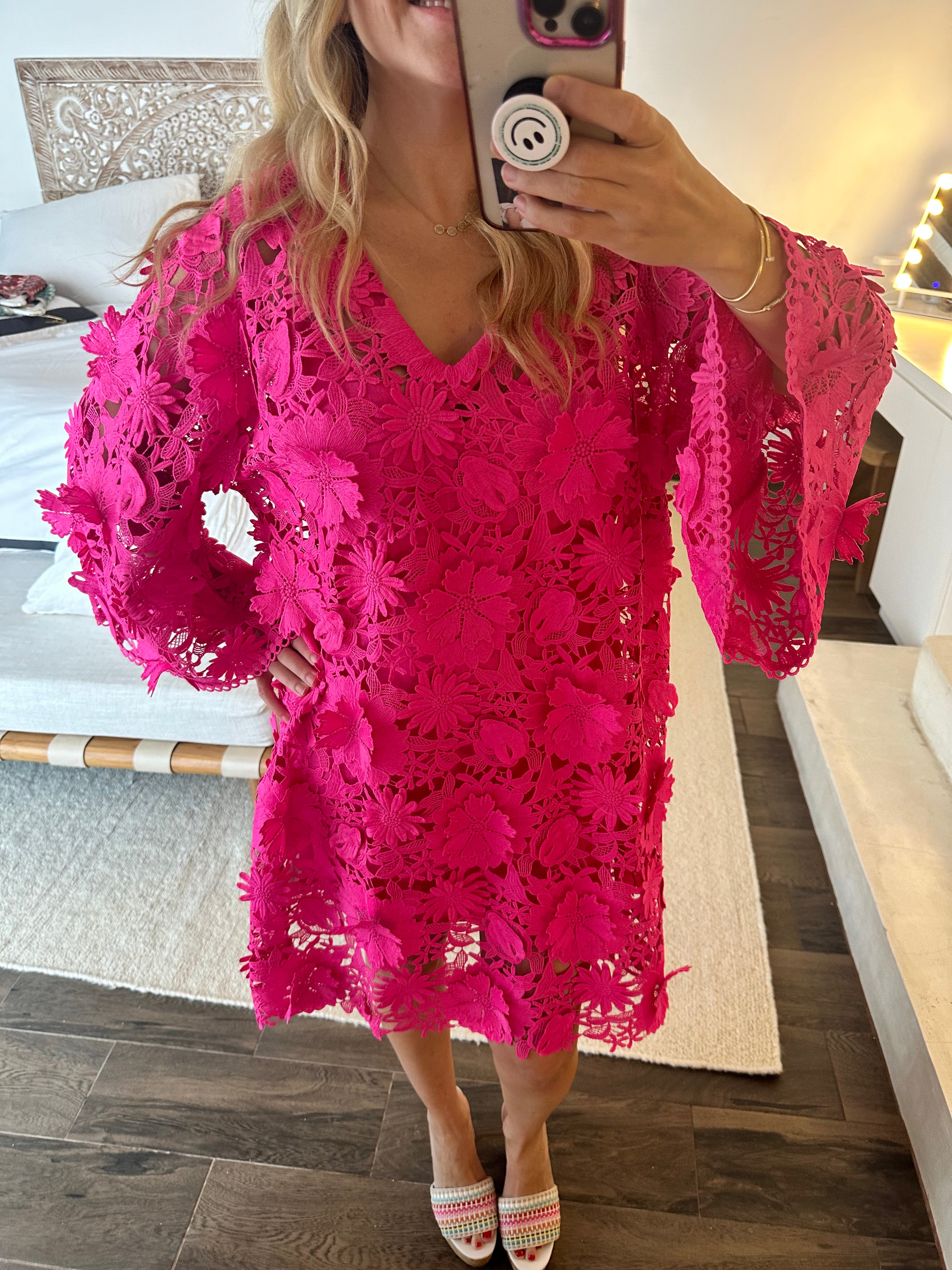 Ital Hot Pink Guipiure Caftan