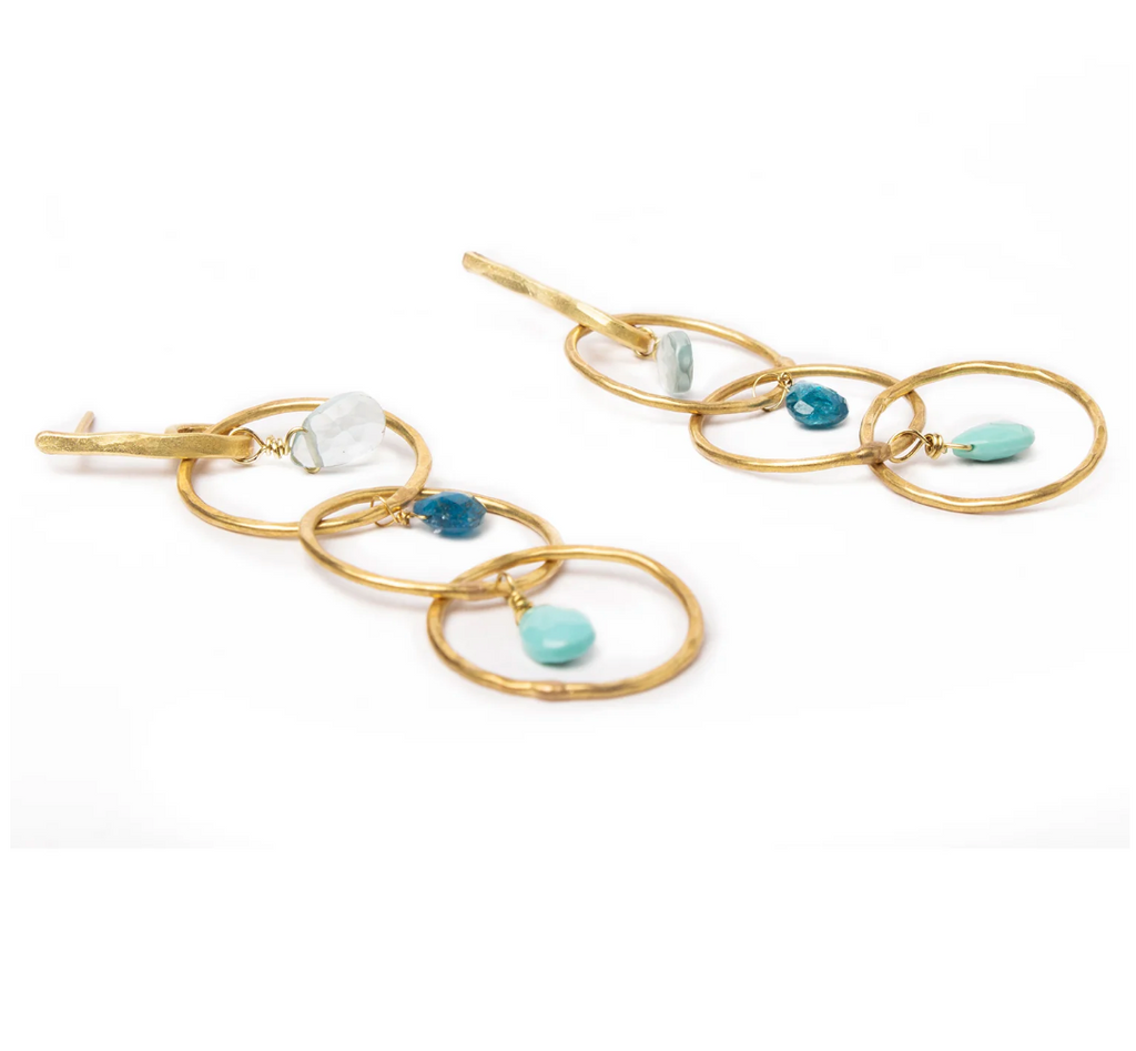 Triple hammered hoop earrings with Kaynite, Apatite and Turquoise