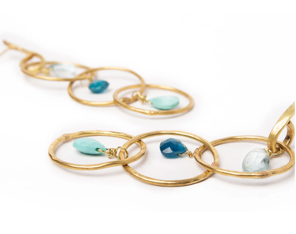 Triple hammered hoop earrings with Kaynite, Apatite and Turquoise