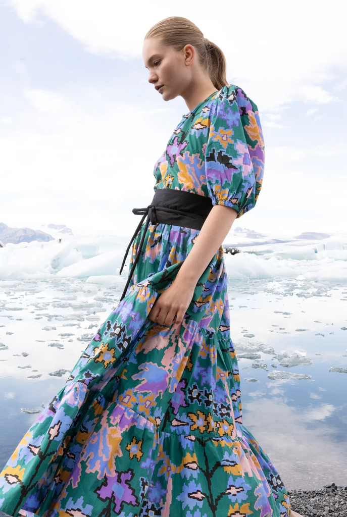 Green Bukhara Puff Sleeve Dress