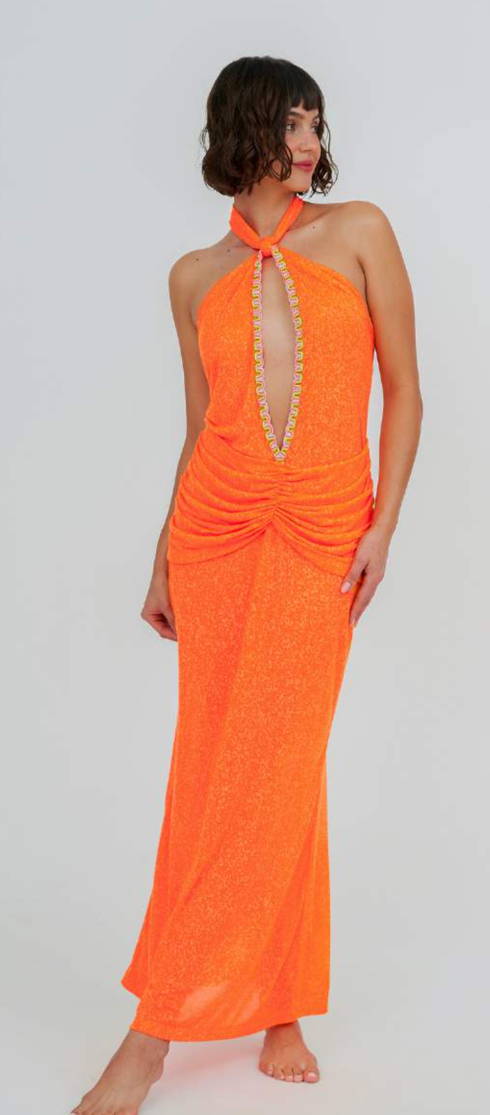 Cutout Halter Ruched Maxi Tangerine