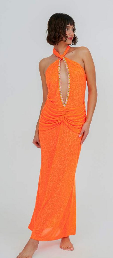 Cutout Halter Ruched Maxi Tangerine