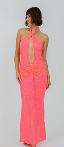 Cutout Halter Ruched Maxi Hot Pink