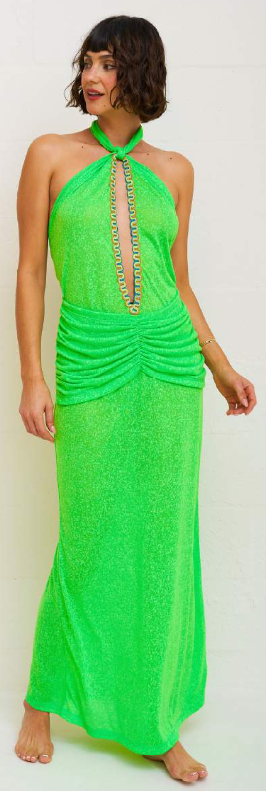 Cutout Halter Ruched Maxi Lime