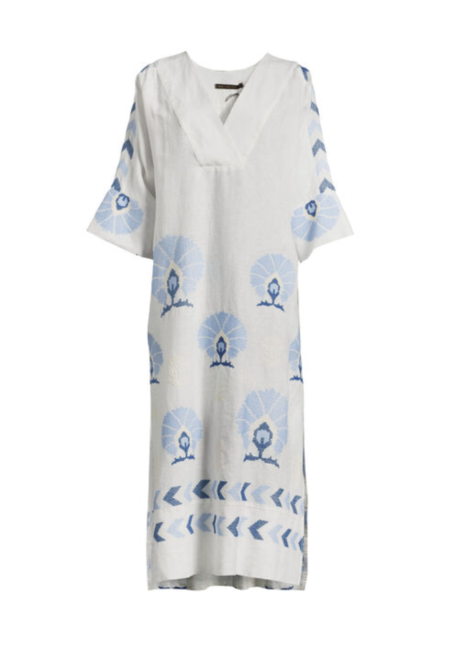 V-Neck Peacock Dress White/Blue 230373