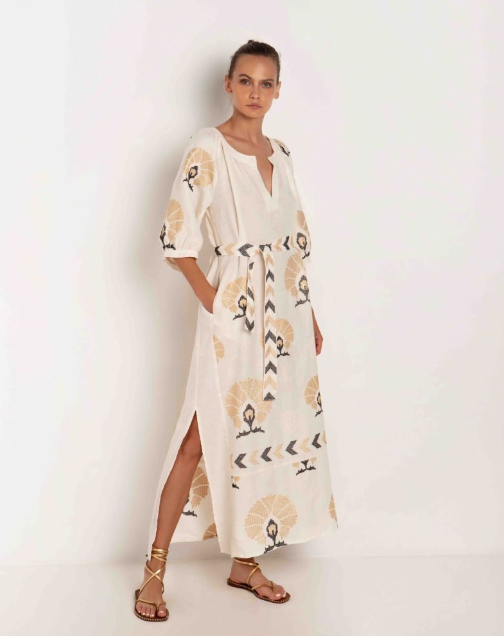 Belted Long Peacock Dress Natural/Gold 230573