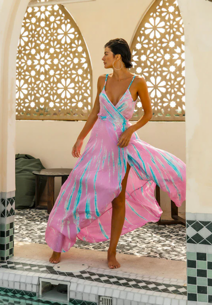 AKSWD3 Pink Seafoam Silk Tie Dye Slip Wrap Maxi Dress