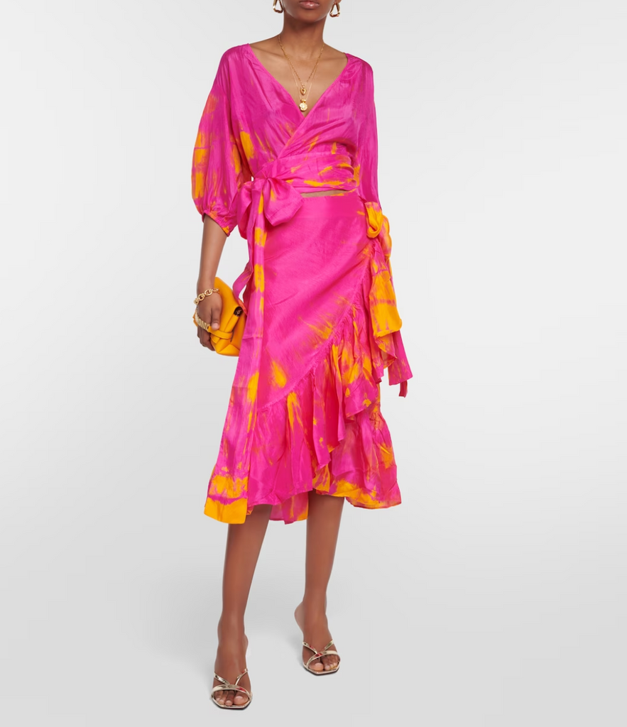 AKSWS104 Magenta Tangerine Silk Tie Dye Rio Midi Wrap Skirt