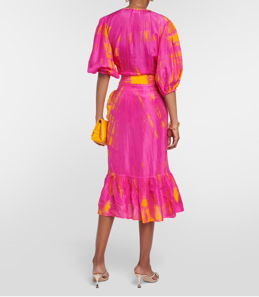 AKSWS104 Magenta Tangerine Silk Tie Dye Rio Midi Wrap Skirt