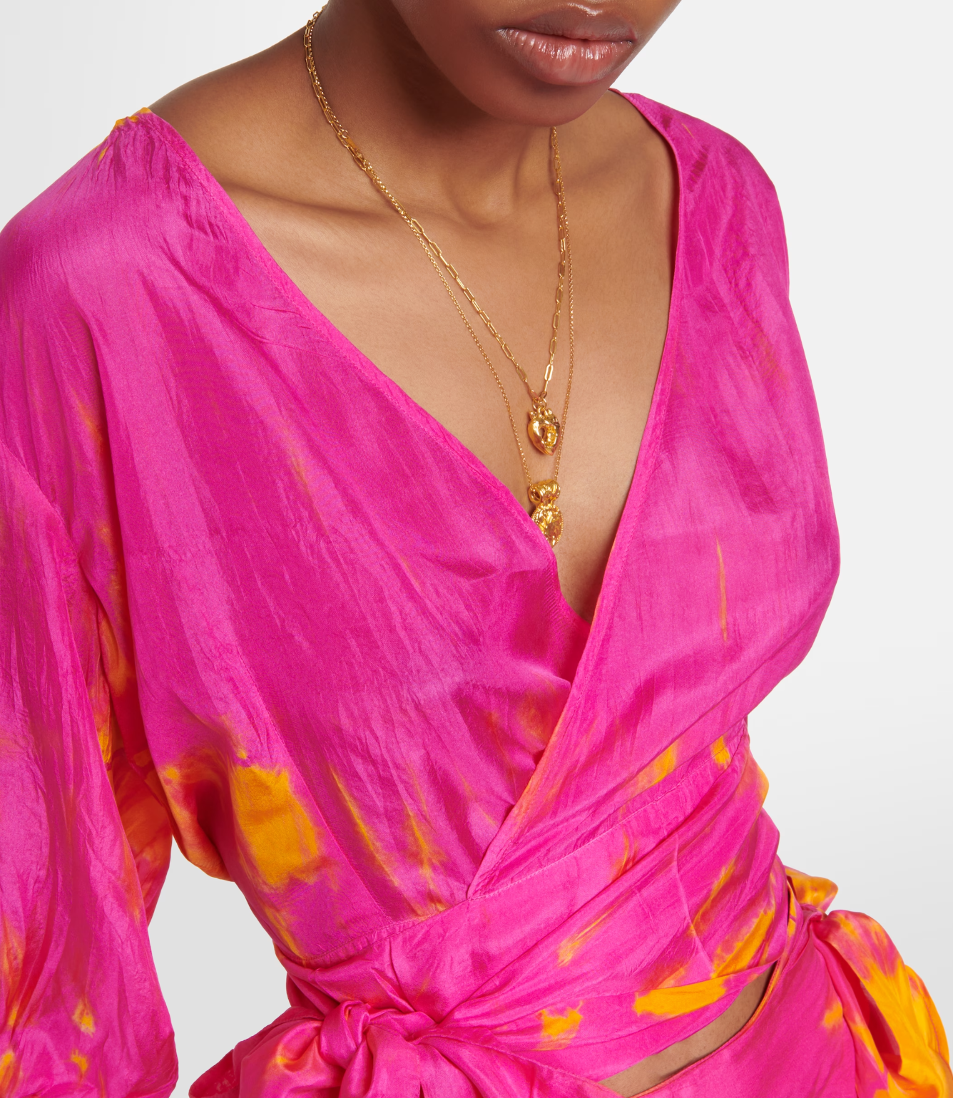 AKSWT100 Magenta Tangerine Silk Tie Dye Camille Wrap Top