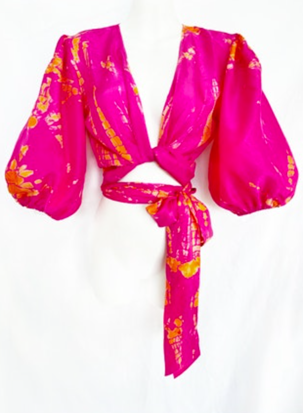 AKSWT100 Magenta Tangerine Silk Tie Dye Camille Wrap Top