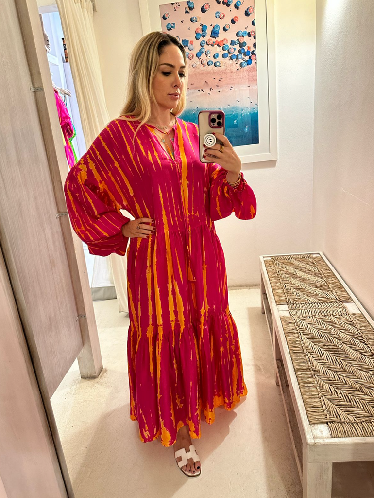 AKSD108 Magenta Tangerine Silk Tie Dye Maxi Dress