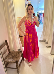 AKSD56 Magenta Tangerine Silk Tie Dye Slip Wrap Midi Dress