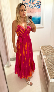 AKSD56 Magenta Tangerine Silk Tie Dye Slip Wrap Midi Dress