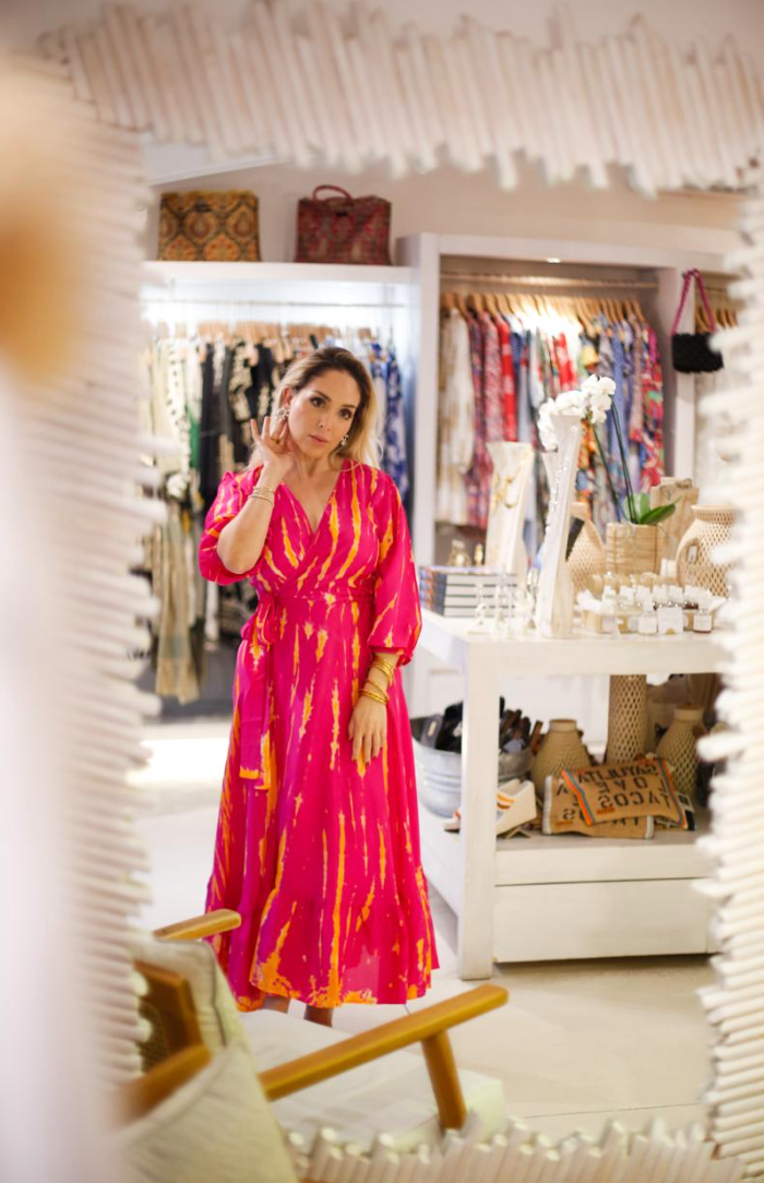 AKSWD58 Magenta Tangerine Silk Tie Dye Puffy Sleeve Wrap Midi Dress