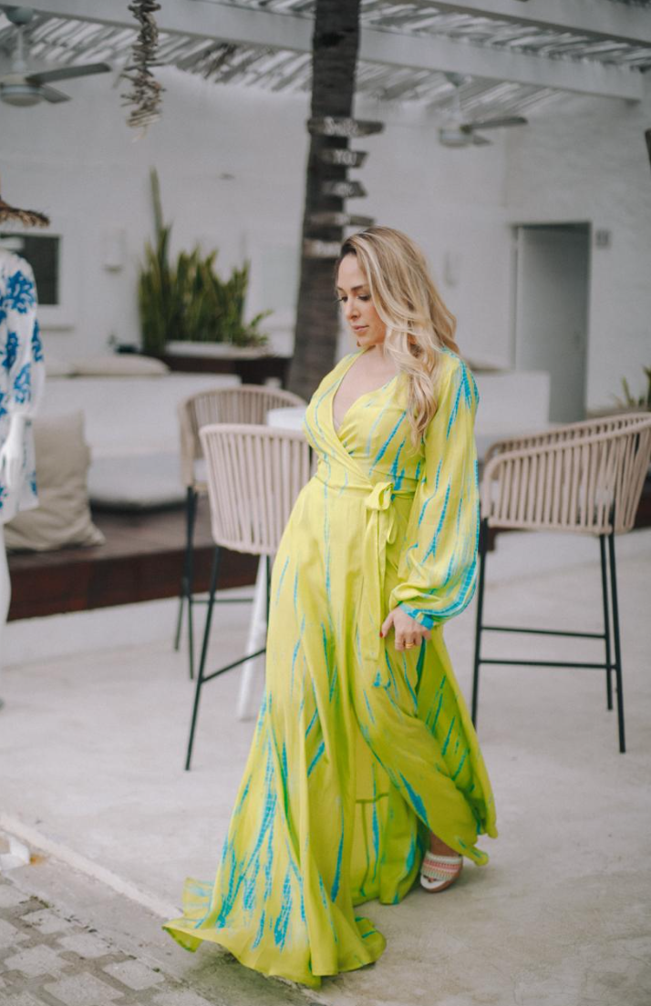 AKSWD1 Neon Yellow Emerald Silk Tie Dye Wrap Maxi Dress