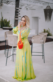 AKSWD1 Neon Yellow Emerald Silk Tie Dye Wrap Maxi Dress