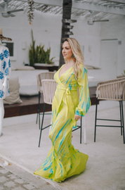AKSWD1 Neon Yellow Emerald Silk Tie Dye Wrap Maxi Dress