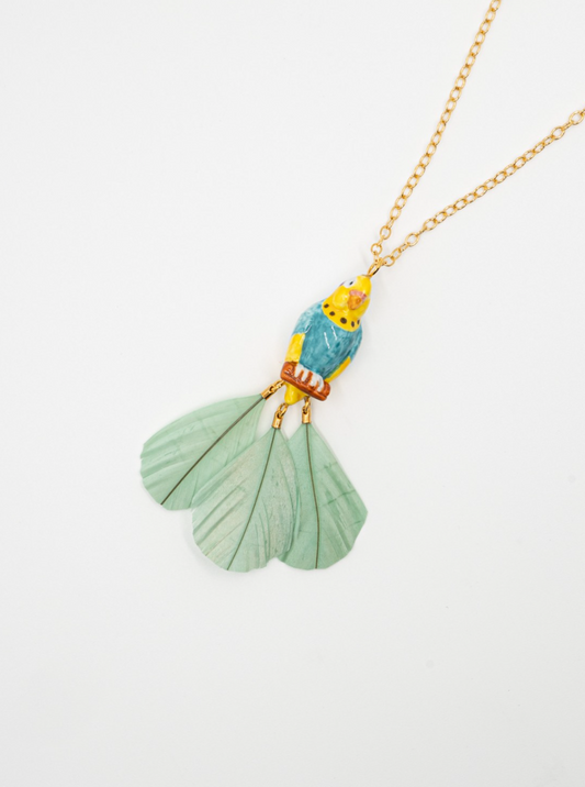 Blue Budgerigar Bird On Branch With Feathers Necklace