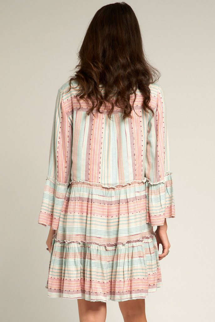 Multicolor Stripe Textured Bell Sleeve Mini Dress