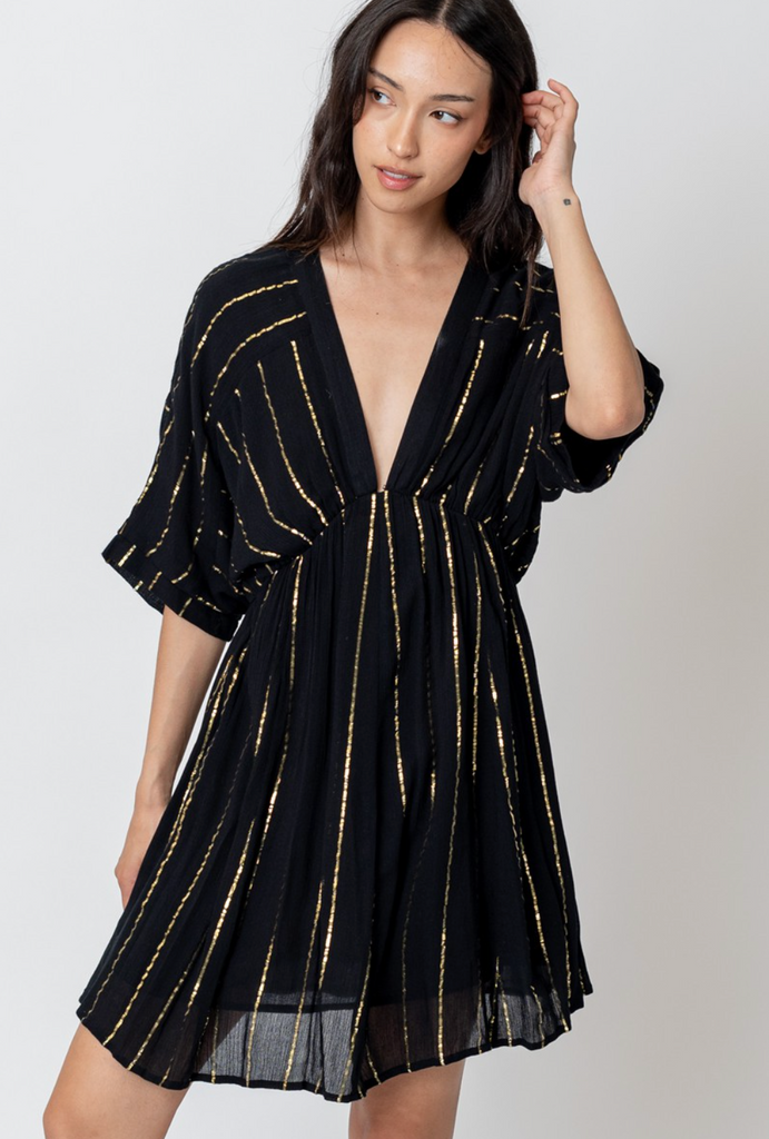 Lurex Stripe Black Kimono Sleeve Mini Dress