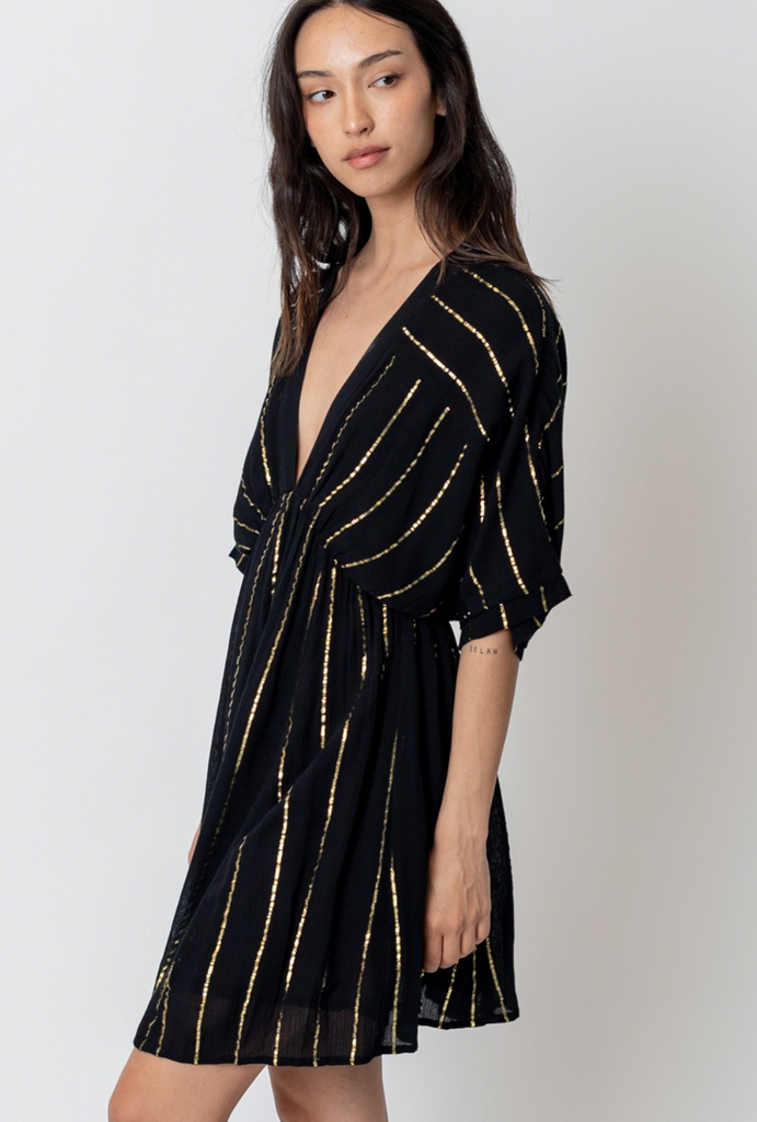 Lurex Stripe Black Kimono Sleeve Mini Dress