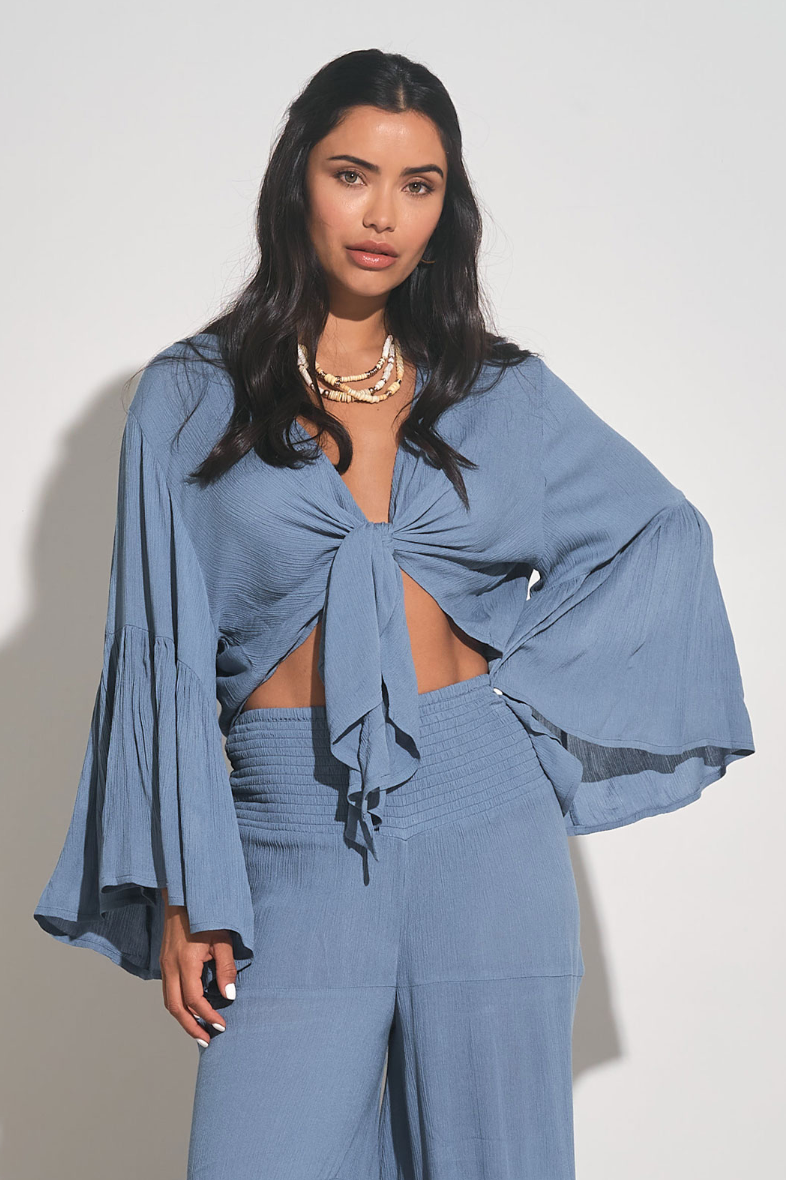 Clou Blue Top Bell Sleeve Tie Front