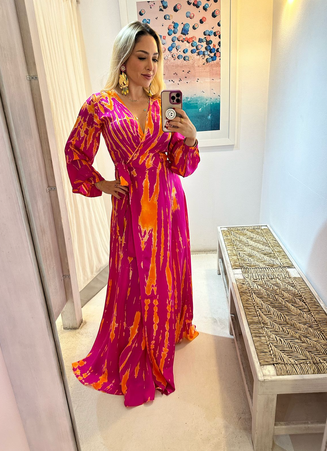 AKSWD1 Silk Tie Dye Wrap Magenta Tangerine Maxi Dress