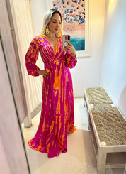 AKSWD1 Silk Tie Dye Wrap Magenta Tangerine Maxi Dress