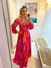 AKSWD1 Silk Tie Dye Wrap Magenta Tangerine Maxi Dress