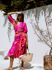 AKSWT100 Magenta Tangerine Silk Tie Dye Camille Wrap Top